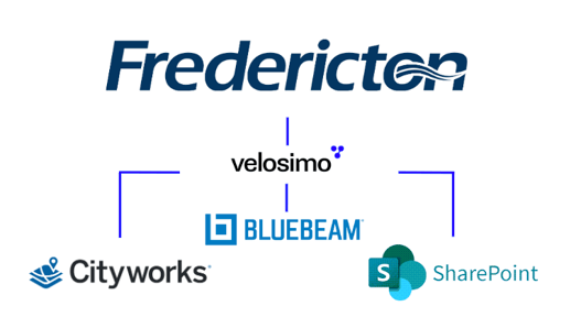 City of Fredericton, Cityworks, Bluebeam, and SharePoint logos